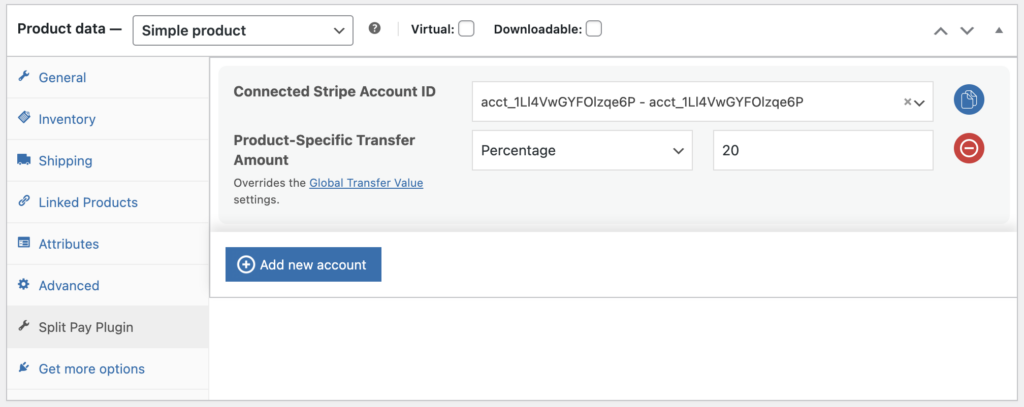 Product-level split payment configuration showing per-product transfer settings in WooCommerce
