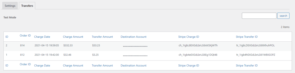 Transfer list table in WordPress dashboard showing split pay transaction history